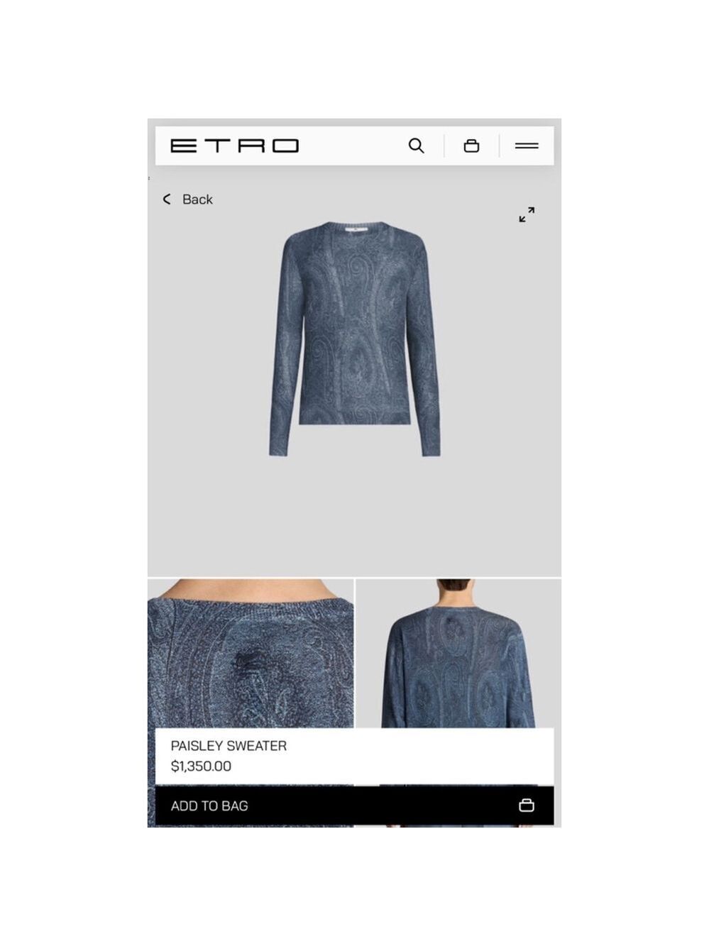 NWOT Men's Etro Blue Paisley Sweater Size L